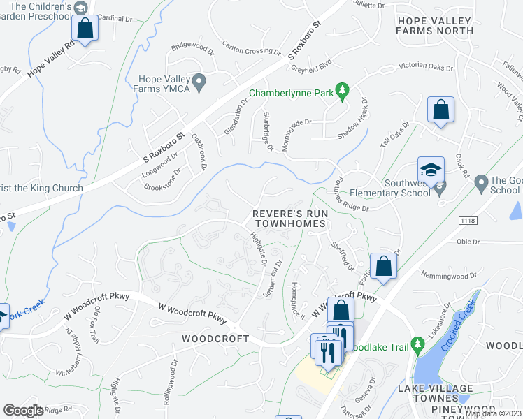 map of restaurants, bars, coffee shops, grocery stores, and more near 12 Chestnut Bluffs Lane in Durham