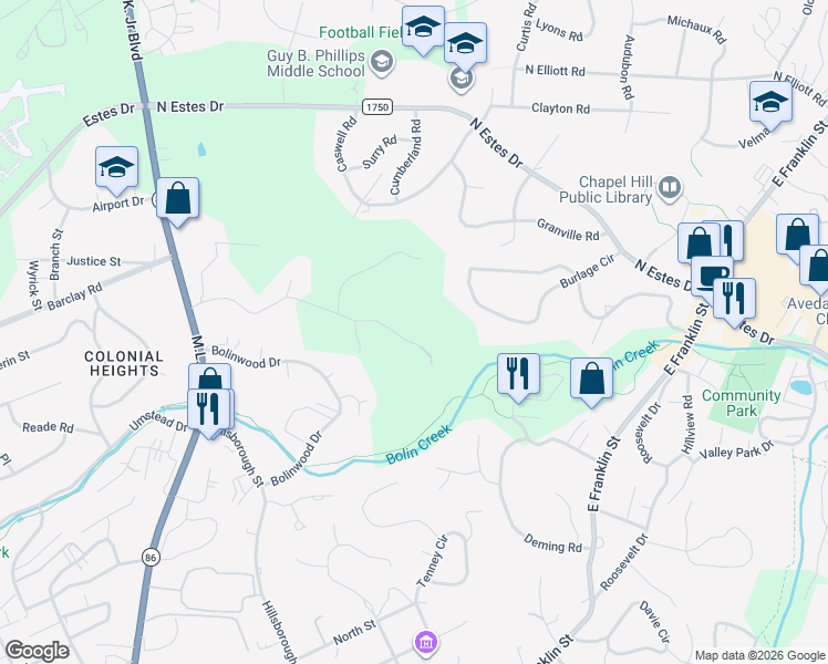 map of restaurants, bars, coffee shops, grocery stores, and more near 32 Mount Bolus Road in Chapel Hill