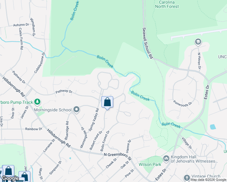 map of restaurants, bars, coffee shops, grocery stores, and more near 112 Creekview Circle in Carrboro