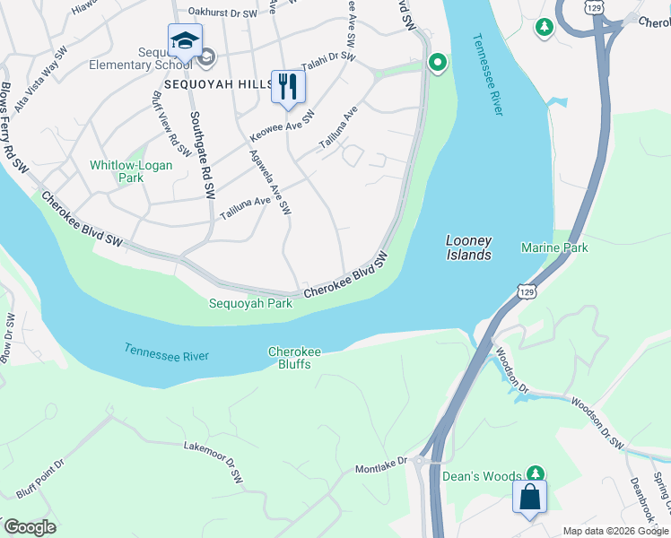 map of restaurants, bars, coffee shops, grocery stores, and more near 1701 Cherokee Boulevard in Knoxville