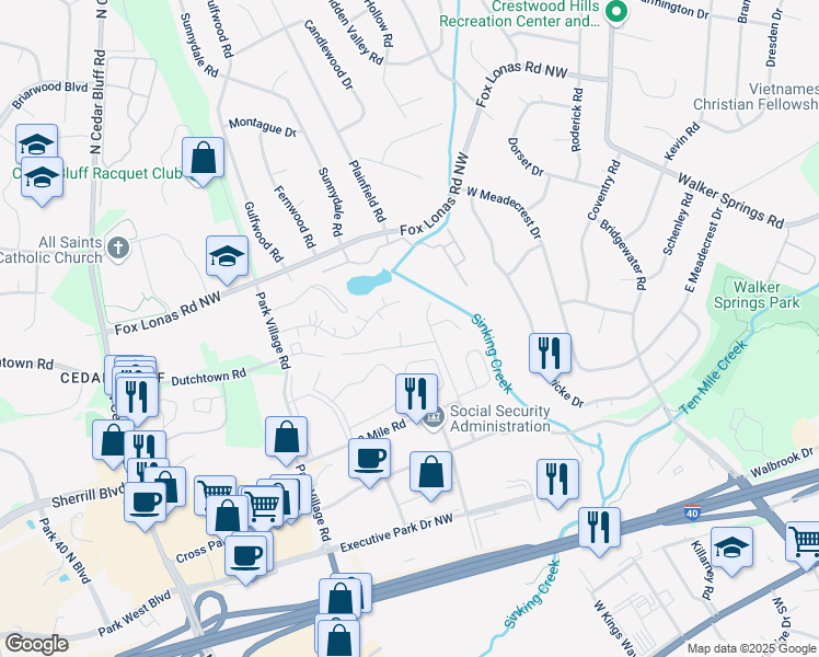 map of restaurants, bars, coffee shops, grocery stores, and more near 502 Cedartop Lane Northwest in Knoxville