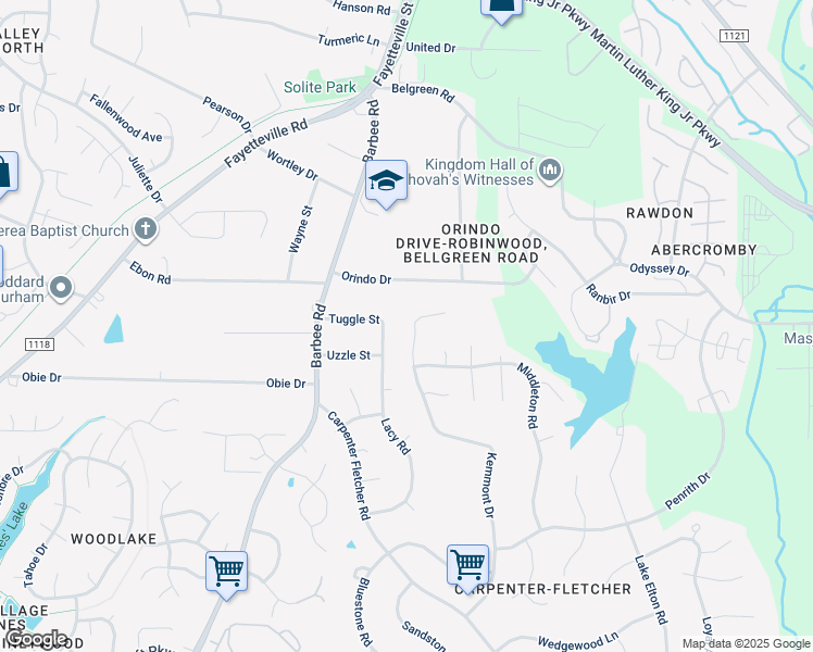 map of restaurants, bars, coffee shops, grocery stores, and more near 5118 Kemmont Drive in Durham