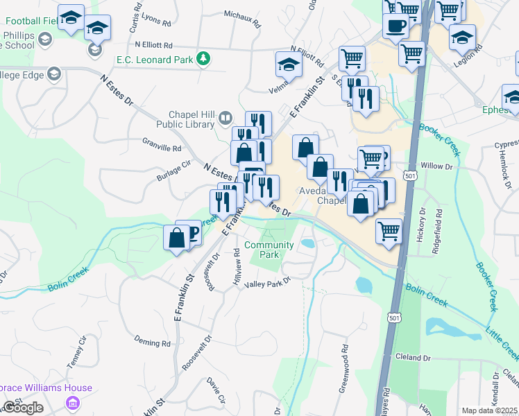 map of restaurants, bars, coffee shops, grocery stores, and more near 106 South Estes Drive in Chapel Hill