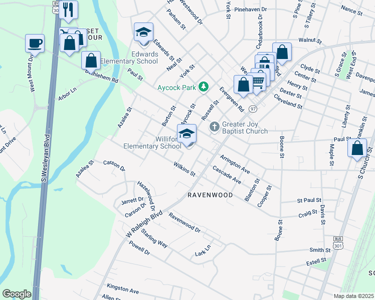 map of restaurants, bars, coffee shops, grocery stores, and more near 801 Williford Street in Rocky Mount