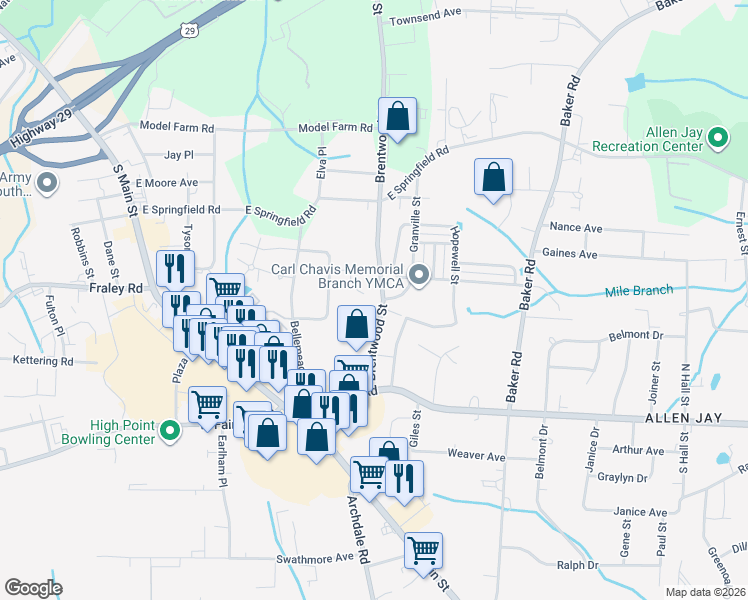 map of restaurants, bars, coffee shops, grocery stores, and more near 2350 Brentwood Street in High Point
