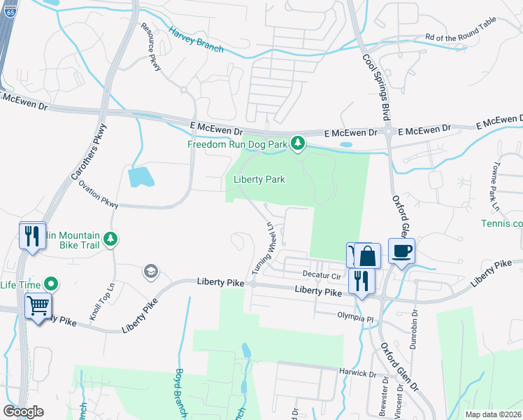 map of restaurants, bars, coffee shops, grocery stores, and more near 2040 Turning Wheel Lane in Franklin