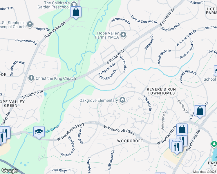 map of restaurants, bars, coffee shops, grocery stores, and more near 5221 Oakbrook Drive in Durham