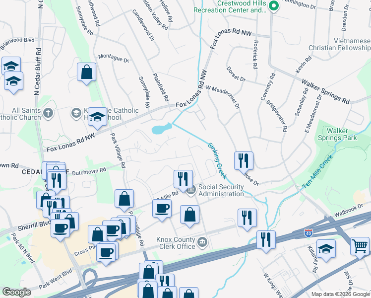 map of restaurants, bars, coffee shops, grocery stores, and more near 503 Cross Creek Road in Knoxville