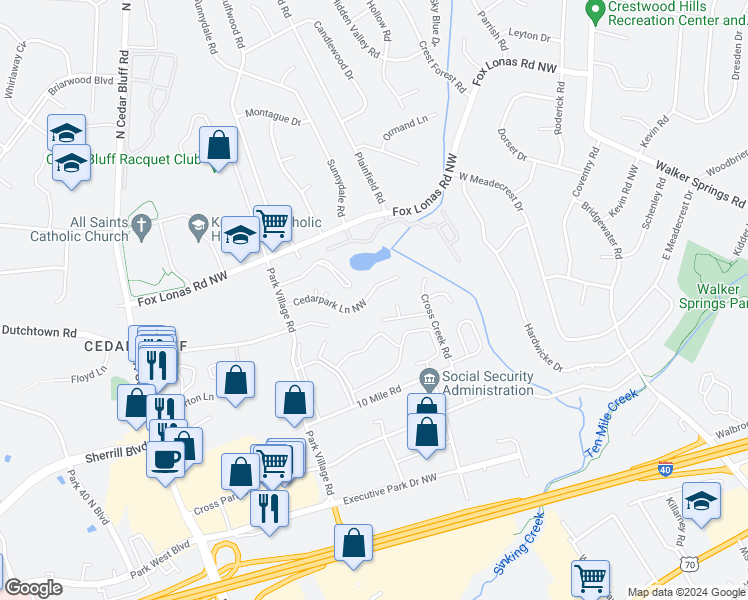map of restaurants, bars, coffee shops, grocery stores, and more near 9120 Cedarpark Lane Northwest in Knoxville