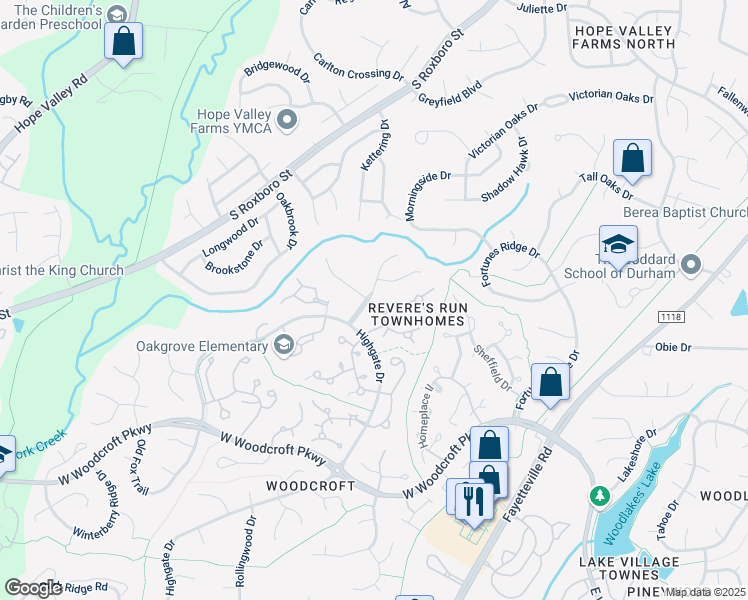map of restaurants, bars, coffee shops, grocery stores, and more near 12 Chestnut Bluffs Lane in Durham