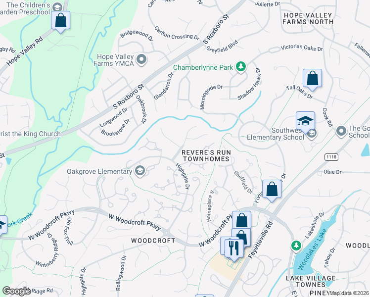 map of restaurants, bars, coffee shops, grocery stores, and more near 12 Chestnut Bluffs Lane in Durham