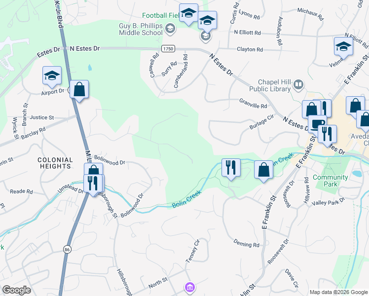 map of restaurants, bars, coffee shops, grocery stores, and more near 32 Mount Bolus Road in Chapel Hill