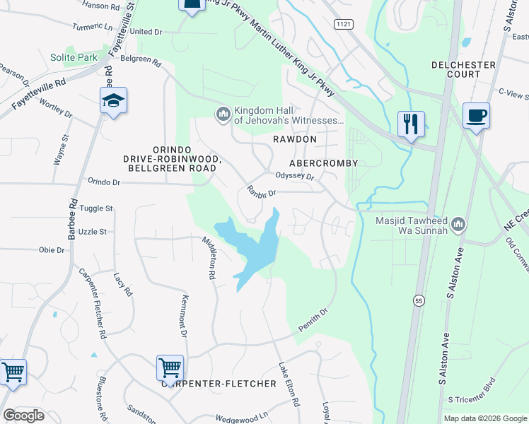 map of restaurants, bars, coffee shops, grocery stores, and more near 3613 Sugar Tree Place in Durham