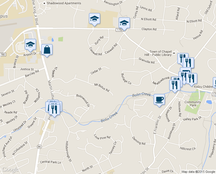 map of restaurants, bars, coffee shops, grocery stores, and more near 32 Mount Bolus Road in Chapel Hill