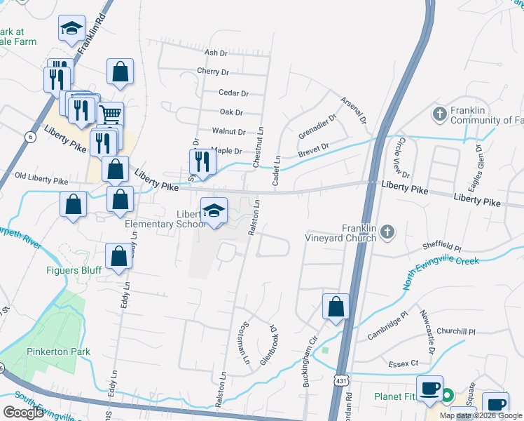 map of restaurants, bars, coffee shops, grocery stores, and more near 113 Granger View Court in Franklin