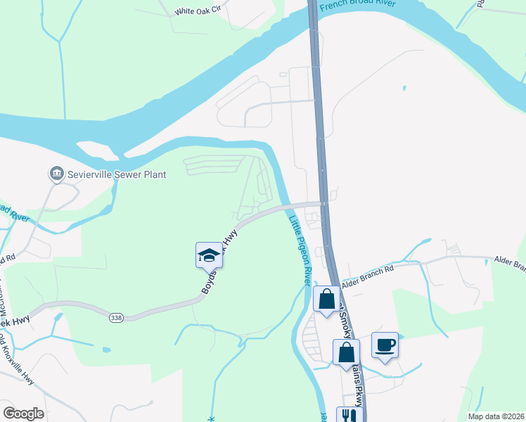 map of restaurants, bars, coffee shops, grocery stores, and more near 4281-4299 Boyds Creek Highway in Sevierville