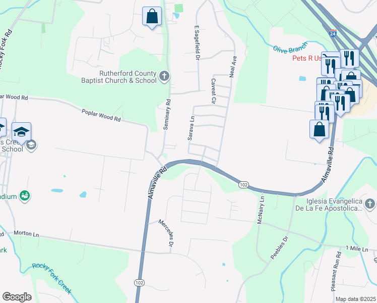 map of restaurants, bars, coffee shops, grocery stores, and more near 325 Sarava Lane in Smyrna