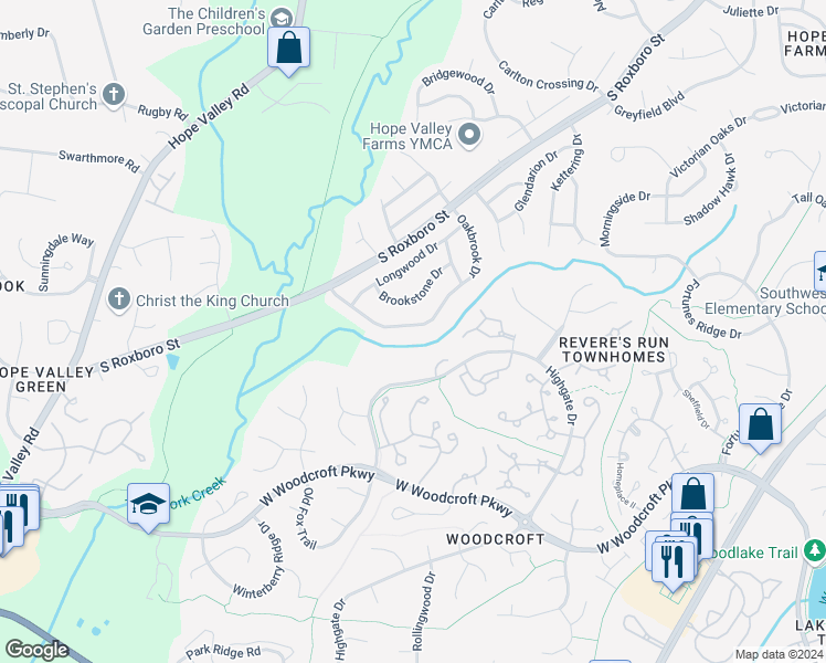 map of restaurants, bars, coffee shops, grocery stores, and more near 5221 Oakbrook Drive in Durham