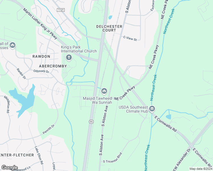 map of restaurants, bars, coffee shops, grocery stores, and more near 3636 South Alston Avenue in Durham