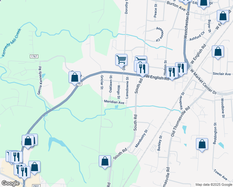 map of restaurants, bars, coffee shops, grocery stores, and more near 325 Wingo Street in High Point