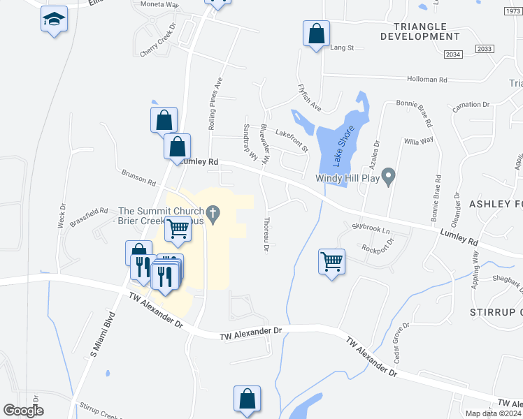 map of restaurants, bars, coffee shops, grocery stores, and more near 2720 Thoreau Drive in Durham
