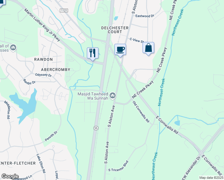 map of restaurants, bars, coffee shops, grocery stores, and more near 3636 South Alston Avenue in Durham