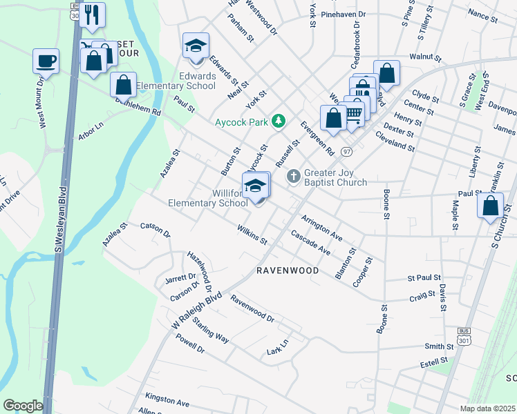 map of restaurants, bars, coffee shops, grocery stores, and more near 801 Williford Street in Rocky Mount