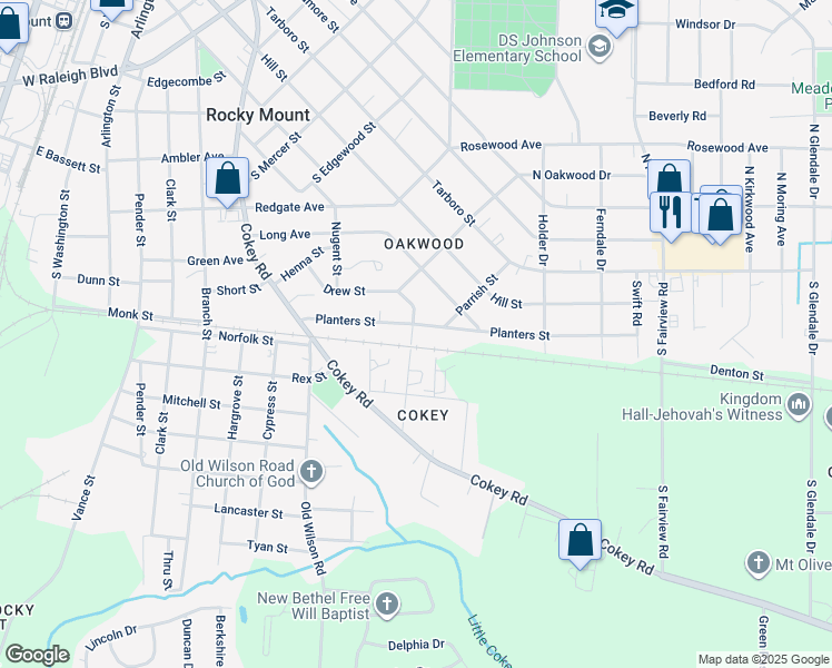 map of restaurants, bars, coffee shops, grocery stores, and more near 901 Planters Street in Rocky Mount