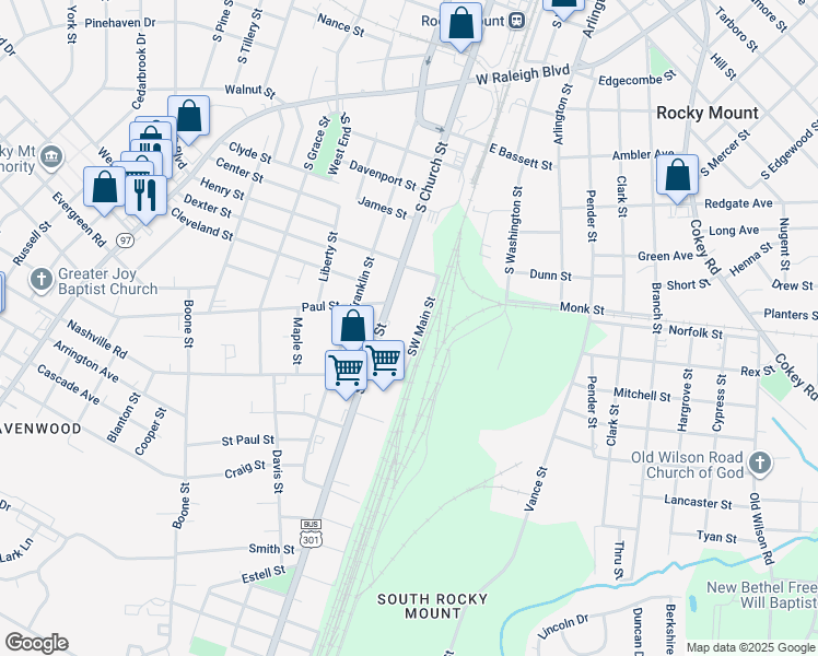 map of restaurants, bars, coffee shops, grocery stores, and more near 1216 Southwest Main Street in Rocky Mount