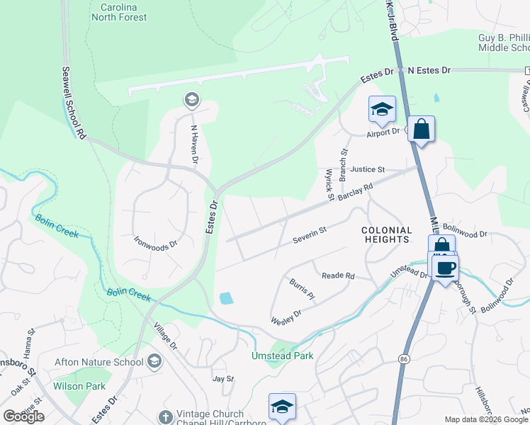 map of restaurants, bars, coffee shops, grocery stores, and more near 805 Powell Street in Chapel Hill
