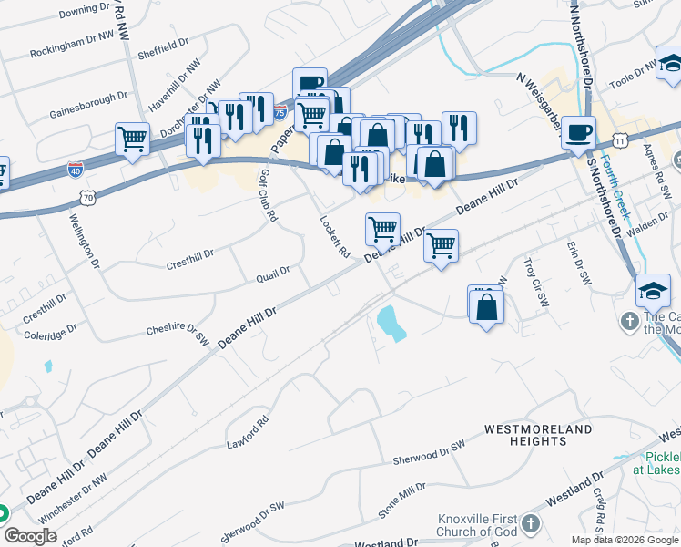 map of restaurants, bars, coffee shops, grocery stores, and more near 6712 Deane Hill Drive in Knoxville