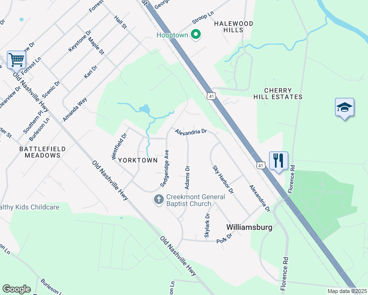 map of restaurants, bars, coffee shops, grocery stores, and more near 6036 Adams Drive in Murfreesboro