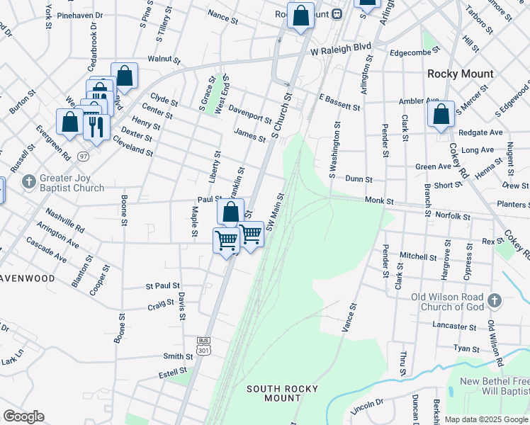 map of restaurants, bars, coffee shops, grocery stores, and more near 1212 Southwest Main Street in Rocky Mount