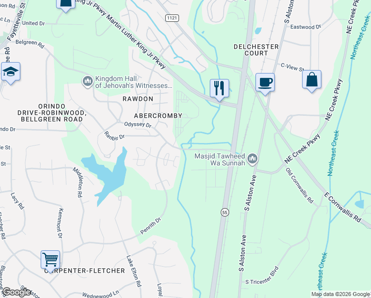 map of restaurants, bars, coffee shops, grocery stores, and more near 5215 Odyssey Drive in Durham