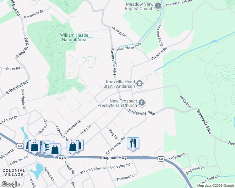map of restaurants, bars, coffee shops, grocery stores, and more near 6108 Sevierville Pike in Knoxville