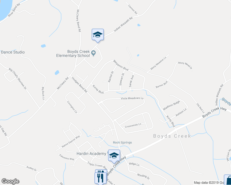 map of restaurants, bars, coffee shops, grocery stores, and more near 1407 Korey Boulevard in Sevierville