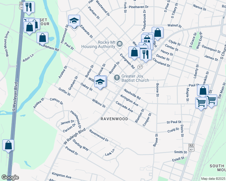 map of restaurants, bars, coffee shops, grocery stores, and more near 816 Williford Street in Rocky Mount