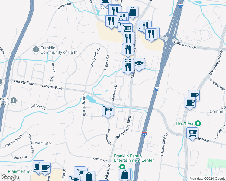 map of restaurants, bars, coffee shops, grocery stores, and more near 111 Stanwick Drive in Franklin