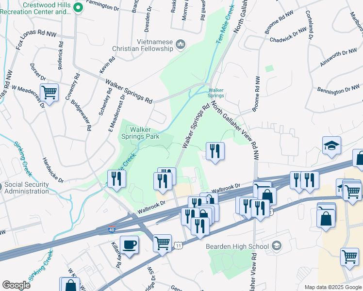 map of restaurants, bars, coffee shops, grocery stores, and more near 325 Walker Springs Road in Knoxville