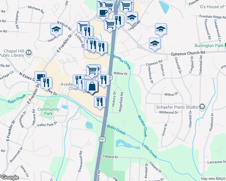 map of restaurants, bars, coffee shops, grocery stores, and more near 408 Hickory Drive in Chapel Hill