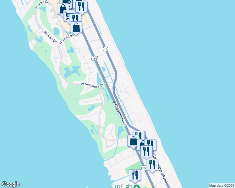 map of restaurants, bars, coffee shops, grocery stores, and more near 5900 South Seachase Drive in Nags Head