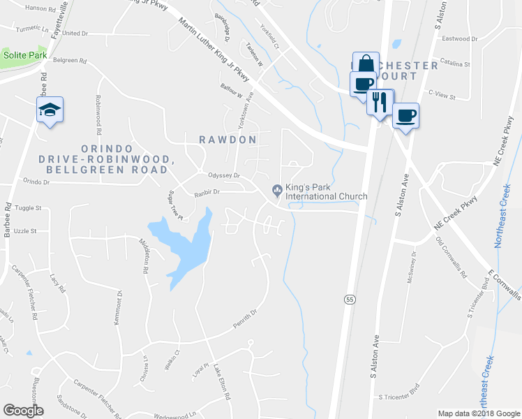 map of restaurants, bars, coffee shops, grocery stores, and more near 5214 Penrith Drive in Durham