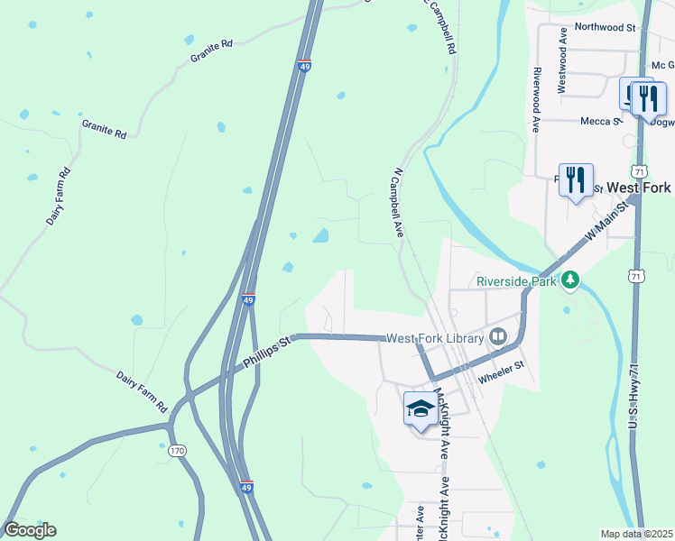 map of restaurants, bars, coffee shops, grocery stores, and more near 138 Clifton Place in West Fork