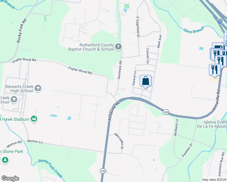 map of restaurants, bars, coffee shops, grocery stores, and more near 6077 Seminary Road in Smyrna