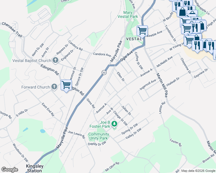 map of restaurants, bars, coffee shops, grocery stores, and more near 408 Mayfield Avenue Southwest in Knoxville