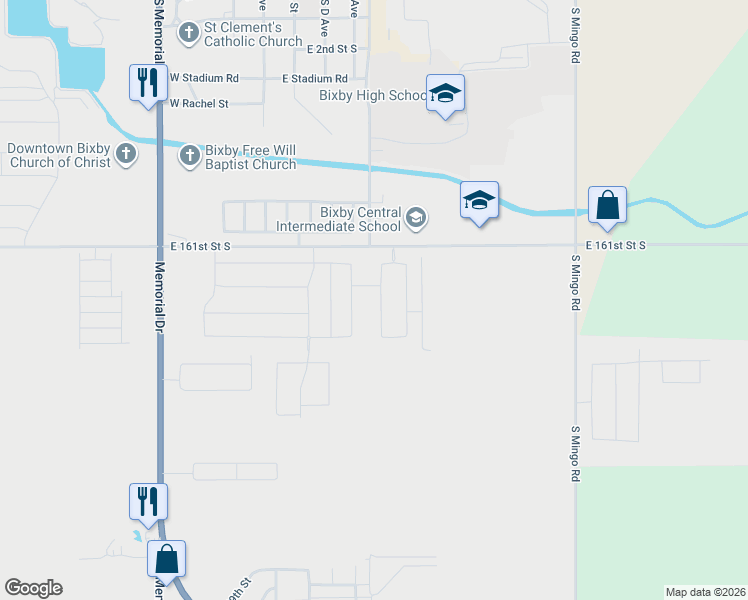 map of restaurants, bars, coffee shops, grocery stores, and more near 9040 East 161st Street South in Bixby