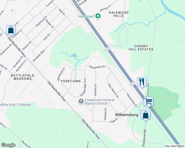 map of restaurants, bars, coffee shops, grocery stores, and more near 6041 Adams Drive in Murfreesboro
