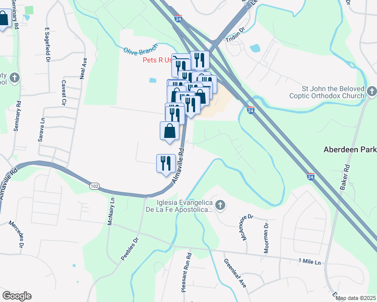 map of restaurants, bars, coffee shops, grocery stores, and more near 1949 Almaville Road in Smyrna