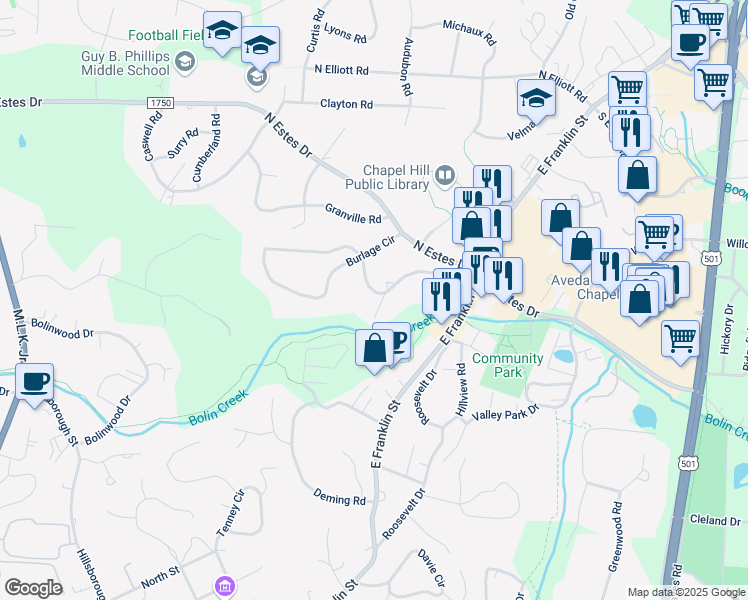 map of restaurants, bars, coffee shops, grocery stores, and more near 123 Meadowbrook Drive in Chapel Hill