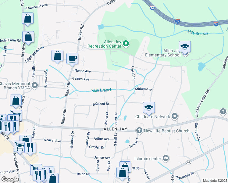 map of restaurants, bars, coffee shops, grocery stores, and more near 307 North Hall Street in High Point